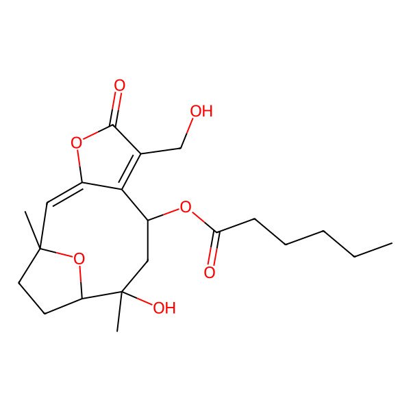 2D Structure of [(1R,2Z,8S,10S,11S)-10-hydroxy-6-(hydroxymethyl)-1,10-dimethyl-5-oxo-4,14-dioxatricyclo[9.2.1.03,7]tetradeca-2,6-dien-8-yl] hexanoate