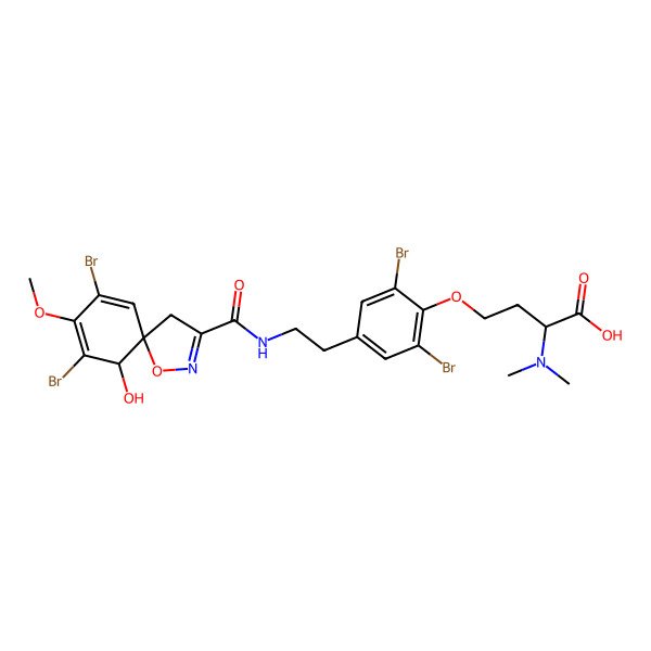 2D Structure of (2S)-4-[2,6-dibromo-4-[2-[[(5S,6R)-7,9-dibromo-6-hydroxy-8-methoxy-1-oxa-2-azaspiro[4.5]deca-2,7,9-triene-3-carbonyl]amino]ethyl]phenoxy]-2-(dimethylamino)butanoic acid
