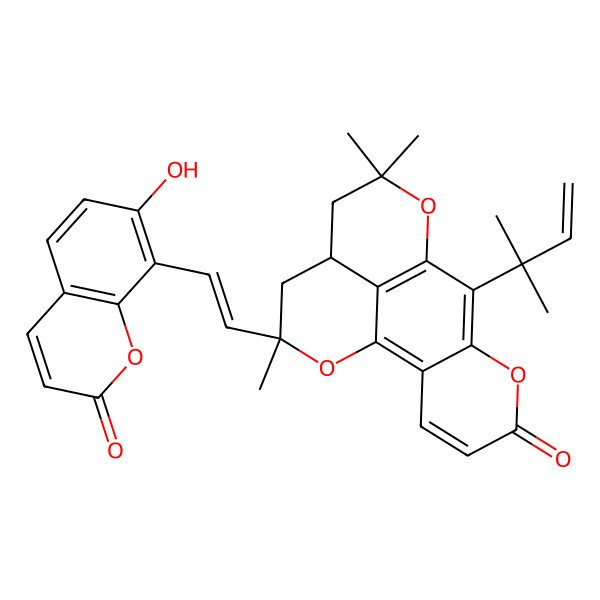 2D Structure of (13S,15R)-15-[(E)-2-(7-hydroxy-2-oxochromen-8-yl)ethenyl]-11,11,15-trimethyl-8-(2-methylbut-3-en-2-yl)-6,10,16-trioxatetracyclo[7.7.1.02,7.013,17]heptadeca-1(17),2(7),3,8-tetraen-5-one