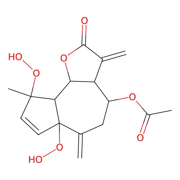 2D Structure of (6a,9-dihydroperoxy-9-methyl-3,6-dimethylidene-2-oxo-4,5,9a,9b-tetrahydro-3aH-azuleno[4,5-b]furan-4-yl) acetate