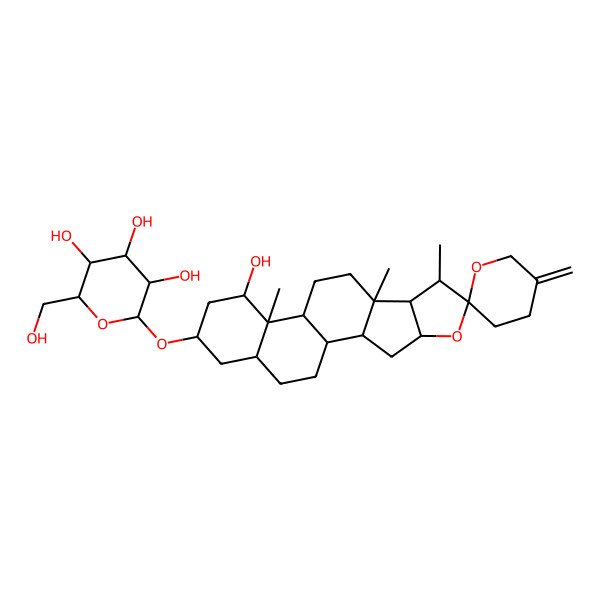 2D Structure of 2-(Hydroxymethyl)-6-(14-hydroxy-7,9,13-trimethyl-5'-methylidenespiro[5-oxapentacyclo[10.8.0.02,9.04,8.013,18]icosane-6,2'-oxane]-16-yl)oxyoxane-3,4,5-triol