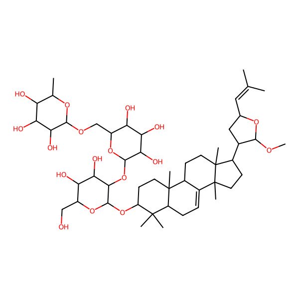 2D Structure of 2-[[6-[4,5-dihydroxy-6-(hydroxymethyl)-2-[[17-[2-methoxy-5-(2-methylprop-1-enyl)oxolan-3-yl]-4,4,10,13,14-pentamethyl-2,3,5,6,9,11,12,15,16,17-decahydro-1H-cyclopenta[a]phenanthren-3-yl]oxy]oxan-3-yl]oxy-3,4,5-trihydroxyoxan-2-yl]methoxy]-6-methyloxane-3,4,5-triol