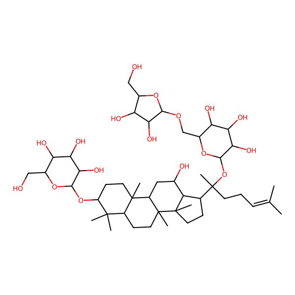 2D Structure of (2R,3S,4R,5R,6R)-2-[[(3S,5S,8R,9R,10R,12R,13R,14R,17S)-17-[(2S)-2-[(2S,3R,4S,5S,6R)-6-[[(2R,3S,4S,5R)-3,4-dihydroxy-5-(hydroxymethyl)oxolan-2-yl]oxymethyl]-3,4,5-trihydroxyoxan-2-yl]oxy-6-methylhept-5-en-2-yl]-12-hydroxy-4,4,8,10,14-pentamethyl-2,3,5,6,7,9,11,12,13,15,16,17-dodecahydro-1H-cyclopenta[a]phenanthren-3-yl]oxy]-6-(hydroxymethyl)oxane-3,4,5-triol