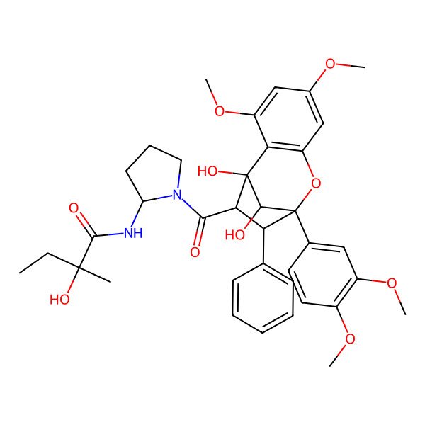 2D Structure of (2R)-N-[(2S)-1-[(1R,9R,10S,11R,12R)-9-(3,4-dimethoxyphenyl)-1,12-dihydroxy-3,5-dimethoxy-10-phenyl-8-oxatricyclo[7.2.1.02,7]dodeca-2(7),3,5-triene-11-carbonyl]pyrrolidin-2-yl]-2-hydroxy-2-methylbutanamide