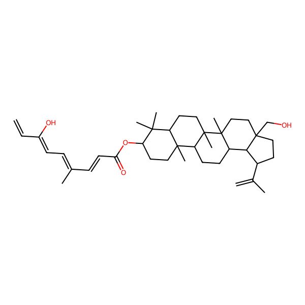2D Structure of [(1R,3aS,5aR,5bR,7aR,9S,11aR,11bR,13aR,13bR)-3a-(hydroxymethyl)-5a,5b,8,8,11a-pentamethyl-1-prop-1-en-2-yl-1,2,3,4,5,6,7,7a,9,10,11,11b,12,13,13a,13b-hexadecahydrocyclopenta[a]chrysen-9-yl] (2Z,4E,6E)-7-hydroxy-4-methylnona-2,4,6,8-tetraenoate