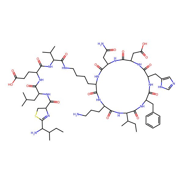 2D Structure of (4R)-4-[[(2S)-2-[[(4R)-2-[(1S,2S)-1-amino-2-methylbutyl]-4,5-dihydro-1,3-thiazole-4-carbonyl]amino]-4-methylpentanoyl]amino]-5-[[(2S)-1-[4-[(2S,5R,8S,11R,14S,17R,20S)-20-(2-amino-2-oxoethyl)-5-(3-aminopropyl)-11-benzyl-8-[(2S)-butan-2-yl]-17-(carboxymethyl)-14-(1H-imidazol-5-ylmethyl)-3,6,9,12,15,18,21-heptaoxo-1,4,7,10,13,16,19-heptazacyclohenicos-2-yl]butylamino]-3-methyl-1-oxobutan-2-yl]amino]-5-oxopentanoic acid