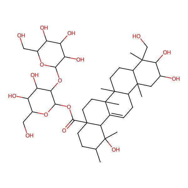 2D Structure of [(2S,3S,5S)-4,5-dihydroxy-6-(hydroxymethyl)-3-[(2S,3S,5S)-3,4,5-trihydroxy-6-(hydroxymethyl)oxan-2-yl]oxyoxan-2-yl] (1R,2R,4aS,6aS,6bR,9R,10R,11R,12aR)-1,10,11-trihydroxy-9-(hydroxymethyl)-1,2,6a,6b,9,12a-hexamethyl-2,3,4,5,6,6a,7,8,8a,10,11,12,13,14b-tetradecahydropicene-4a-carboxylate