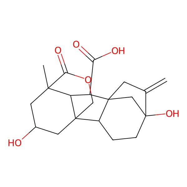 2D Structure of (1R,2R,5S,9S,10S,11R,16S)-5,16-dihydroxy-11-methyl-6-methylidene-12-oxo-13-oxapentacyclo[9.3.3.15,8.01,10.02,8]octadecane-9-carboxylic acid