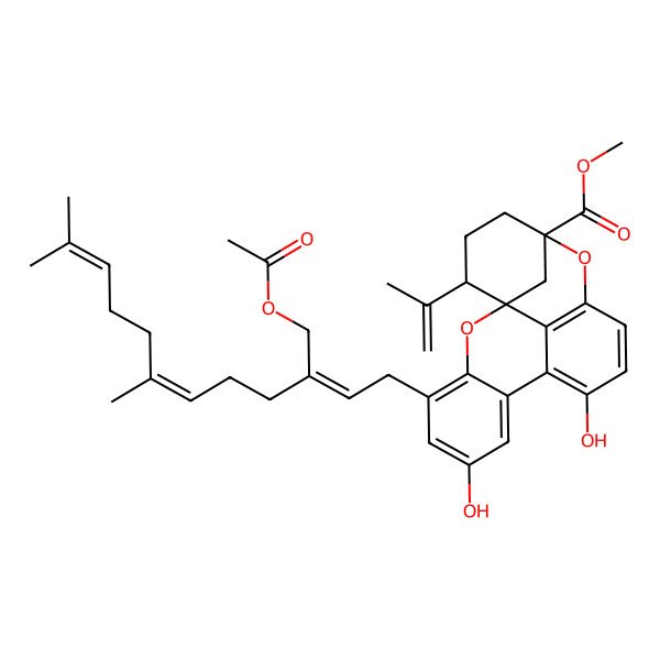 2D Structure of Methyl 16-[3-(acetyloxymethyl)-7,11-dimethyldodeca-2,6,10-trienyl]-10,14-dihydroxy-2-prop-1-en-2-yl-6,18-dioxapentacyclo[9.7.1.11,5.07,19.012,17]icosa-7(19),8,10,12,14,16-hexaene-5-carboxylate