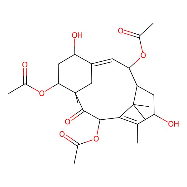 2D Structure of (2,10-Diacetyloxy-7,13-dihydroxy-4,14,15,15-tetramethyl-3-oxo-5-tricyclo[9.3.1.14,8]hexadeca-1(14),8-dienyl) acetate