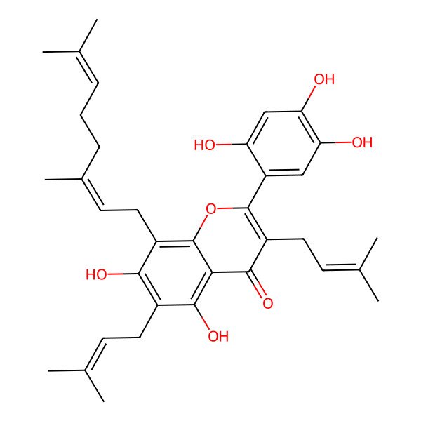 2D Structure of 8-(3,7-Dimethylocta-2,6-dienyl)-5,7-dihydroxy-3,6-bis(3-methylbut-2-enyl)-2-(2,4,5-trihydroxyphenyl)chromen-4-one