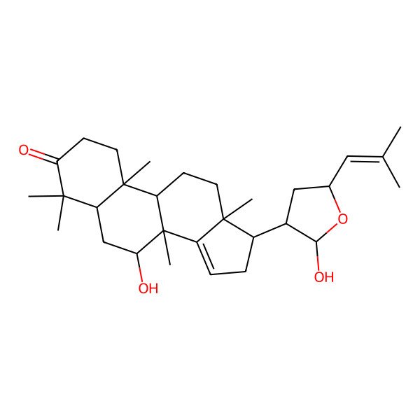 2D Structure of 7-Hydroxy-17-[2-hydroxy-5-(2-methylprop-1-enyl)oxolan-3-yl]-4,4,8,10,13-pentamethyl-1,2,5,6,7,9,11,12,16,17-decahydrocyclopenta[a]phenanthren-3-one