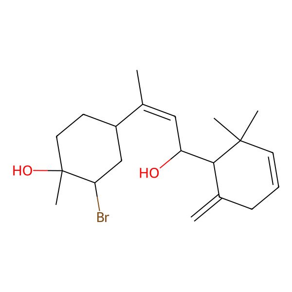 2D Structure of (1R)-2-bromo-4-[(E,4R)-4-(2,2-dimethyl-6-methylidenecyclohex-3-en-1-yl)-4-hydroxybut-2-en-2-yl]-1-methylcyclohexan-1-ol