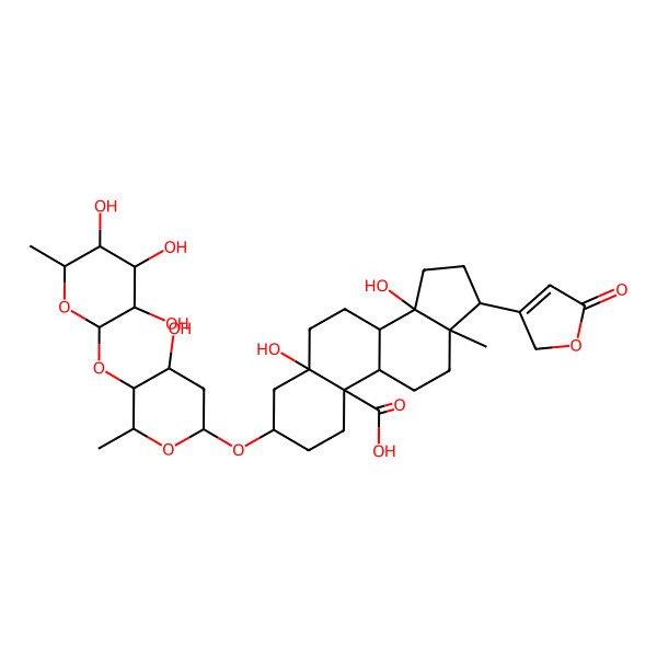 2D Structure of 5,14-dihydroxy-3-[4-hydroxy-6-methyl-5-(3,4,5-trihydroxy-6-methyloxan-2-yl)oxyoxan-2-yl]oxy-13-methyl-17-(5-oxo-2H-furan-3-yl)-2,3,4,6,7,8,9,11,12,15,16,17-dodecahydro-1H-cyclopenta[a]phenanthrene-10-carboxylic acid