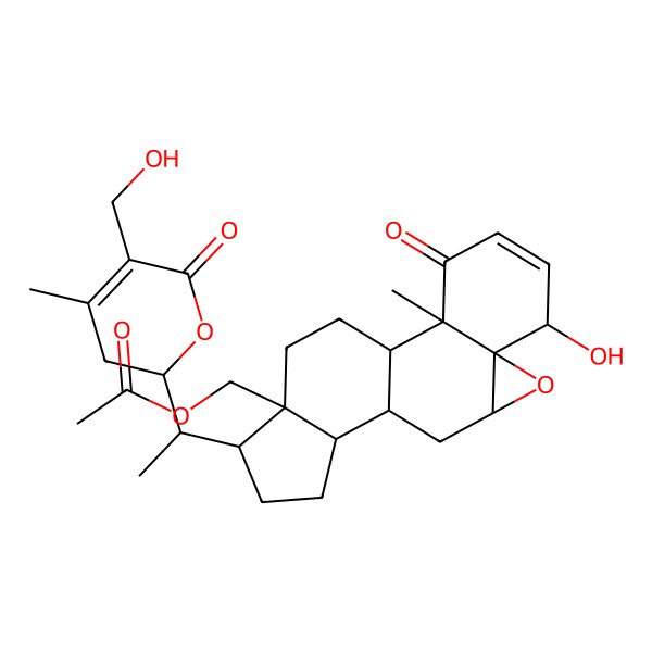 2D Structure of [(1S,2R,6S,7R,9R,11S,12S,15R,16R)-6-hydroxy-15-[(1S)-1-[(2R)-5-(hydroxymethyl)-4-methyl-6-oxo-2,3-dihydropyran-2-yl]ethyl]-2-methyl-3-oxo-8-oxapentacyclo[9.7.0.02,7.07,9.012,16]octadec-4-en-16-yl]methyl acetate