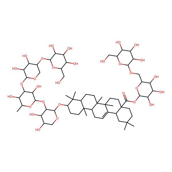2D Structure of [3,4,5-Trihydroxy-6-[[3,4,5-trihydroxy-6-(hydroxymethyl)oxan-2-yl]oxymethyl]oxan-2-yl] 10-[3-[4-[3,4-dihydroxy-5-[3,4,5-trihydroxy-6-(hydroxymethyl)oxan-2-yl]oxyoxan-2-yl]oxy-3,5-dihydroxy-6-methyloxan-2-yl]oxy-4,5-dihydroxyoxan-2-yl]oxy-2,2,6a,6b,9,9,12a-heptamethyl-1,3,4,5,6,6a,7,8,8a,10,11,12,13,14b-tetradecahydropicene-4a-carboxylate