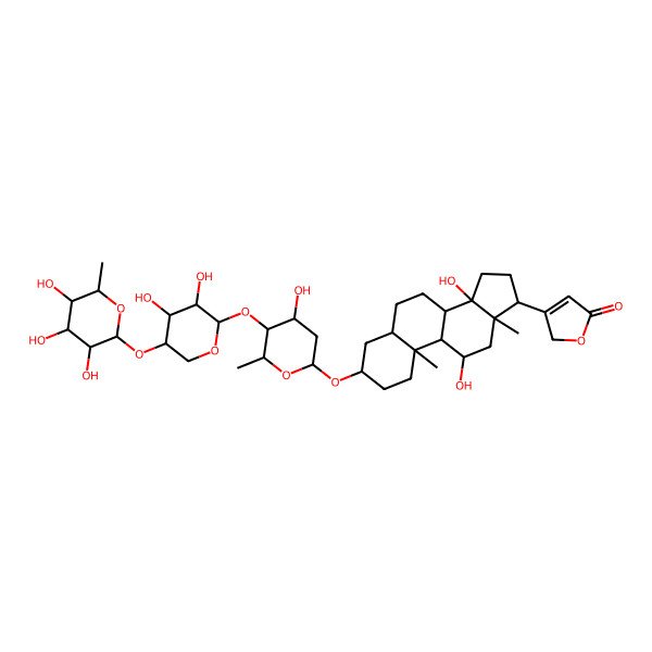 2D Structure of 3-[(3S,5R,8R,9S,10S,11R,13R,14S,17R)-3-[(2S,4S,5S,6R)-5-[(2S,3R,4R,5R)-3,4-dihydroxy-5-[(2S,3R,4R,5R,6S)-3,4,5-trihydroxy-6-methyloxan-2-yl]oxyoxan-2-yl]oxy-4-hydroxy-6-methyloxan-2-yl]oxy-11,14-dihydroxy-10,13-dimethyl-1,2,3,4,5,6,7,8,9,11,12,15,16,17-tetradecahydrocyclopenta[a]phenanthren-17-yl]-2H-furan-5-one
