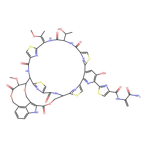 2D Structure of N-(3-amino-3-oxoprop-1-en-2-yl)-2-[(1S,18S,21E,28S,29S,30S)-9-hydroxy-18-[(1R)-1-hydroxyethyl]-30-methoxy-21-(1-methoxyethylidene)-16,19,26,31,42,46-hexaoxo-32,43,54-trioxa-3,13,23,49-tetrathia-7,17,20,27,45,51,52,55,56,57-decazadecacyclo[26.16.6.229,40.12,5.112,15.122,25.138,41.147,50.06,11.034,39]heptapentaconta-2(57),4,6,8,10,12(56),14,22(55),24,34(39),35,37,40,47,50-pentadecaen-8-yl]-1,3-thiazole-4-carboxamide