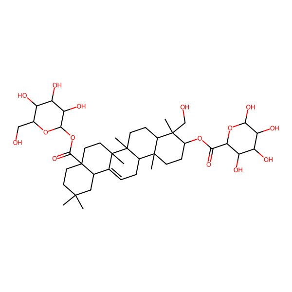 2D Structure of [(3S,4S,4aR,6aR,6bS,8aS,12aR,14aR,14bR)-4-(hydroxymethyl)-4,6a,6b,11,11,14b-hexamethyl-8a-[(2S,3R,4S,5S,6R)-3,4,5-trihydroxy-6-(hydroxymethyl)oxan-2-yl]oxycarbonyl-1,2,3,4a,5,6,7,8,9,10,12,12a,14,14a-tetradecahydropicen-3-yl] (2S,3S,4S,5R,6R)-3,4,5,6-tetrahydroxyoxane-2-carboxylate