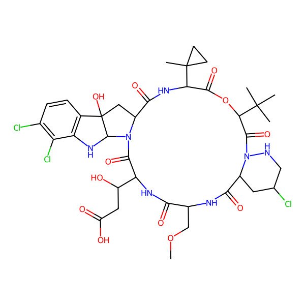 2D Structure of (3R)-3-[(1S,4R,7S,12S,14S,17S,20R,23S,31R)-7-tert-butyl-12,26,27-trichloro-31-hydroxy-17-(methoxymethyl)-4-(1-methylcyclopropyl)-2,5,8,15,18,21-hexaoxo-6-oxa-3,9,10,16,19,22,24-heptazapentacyclo[20.10.0.09,14.023,31.025,30]dotriaconta-25(30),26,28-trien-20-yl]-3-hydroxypropanoic acid