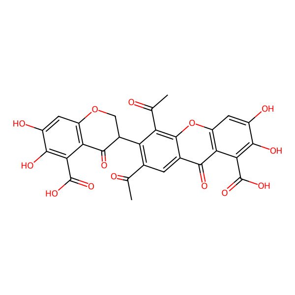 2D Structure of 5,7-Diacetyl-6-(5-carboxy-6,7-dihydroxy-4-oxo-2,3-dihydrochromen-3-yl)-2,3-dihydroxy-9-oxoxanthene-1-carboxylic acid