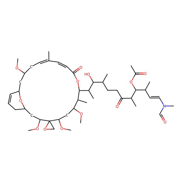 2D Structure of [(E,3R,4R,5R,9S,10S,11S)-1-[formyl(methyl)amino]-10-hydroxy-3,5,9-trimethyl-6-oxo-11-[(1S,3S,4S,5S,7R,8S,9R,12E,14E,17S,19R)-3,5,7,17-tetramethoxy-8,14-dimethyl-11-oxospiro[10,23-dioxabicyclo[17.3.1]tricosa-12,14,20-triene-4,2'-oxirane]-9-yl]dodec-1-en-4-yl] acetate