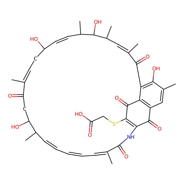 2D Structure of 2-[(4,10,14,20-Tetrahydroxy-3,7,9,11,17,21,27-heptamethyl-6,18,28,32,34-pentaoxo-29-azatricyclo[28.3.1.05,33]tetratriaconta-1(33),2,4,7,12,16,22,24,26,30-decaen-31-yl)sulfanyl]acetic acid