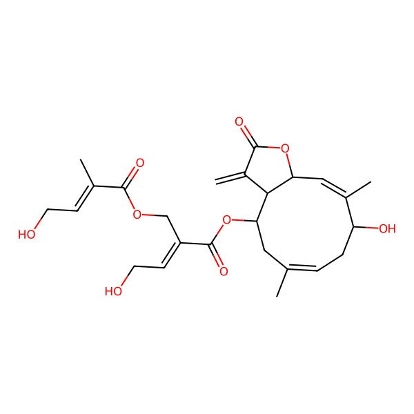 2D Structure of (9-Hydroxy-6,10-dimethyl-3-methylidene-2-oxo-3a,4,5,8,9,11a-hexahydrocyclodeca[b]furan-4-yl) 4-hydroxy-2-[(4-hydroxy-2-methylbut-2-enoyl)oxymethyl]but-2-enoate