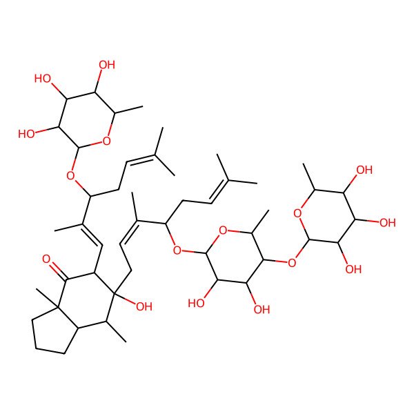 2D Structure of (3aS,5R,6R,7R,7aS)-6-[(2E,4S)-4-[(2R,3R,4R,5R,6R)-3,4-dihydroxy-6-methyl-5-[(2R,3R,4R,5R,6S)-3,4,5-trihydroxy-6-methyloxan-2-yl]oxyoxan-2-yl]oxy-3,7-dimethylocta-2,6-dienyl]-5-[(1E,3S)-2,6-dimethyl-3-[(2R,3R,4R,5R,6S)-3,4,5-trihydroxy-6-methyloxan-2-yl]oxyhepta-1,5-dienyl]-6-hydroxy-3a,7-dimethyl-1,2,3,5,7,7a-hexahydroinden-4-one