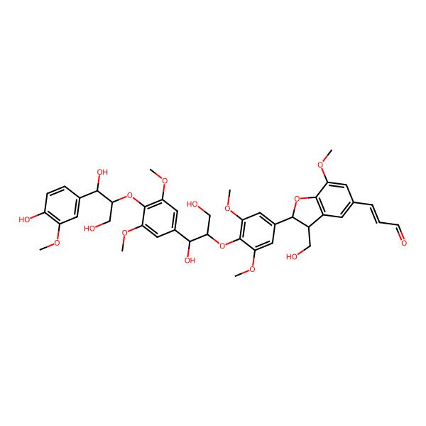 2D Structure of (E)-3-[(2R,3S)-2-[4-[(1R,2S)-1-[4-[(1R,2S)-1,3-dihydroxy-1-(4-hydroxy-3-methoxyphenyl)propan-2-yl]oxy-3,5-dimethoxyphenyl]-1,3-dihydroxypropan-2-yl]oxy-3,5-dimethoxyphenyl]-3-(hydroxymethyl)-7-methoxy-2,3-dihydro-1-benzofuran-5-yl]prop-2-enal
