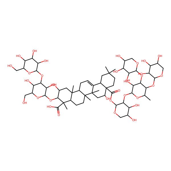 2D Structure of 8a-[4,5-Dihydroxy-3-[3-hydroxy-6-methyl-4,5-bis[(3,4,5-trihydroxyoxan-2-yl)oxy]oxan-2-yl]oxyoxan-2-yl]oxycarbonyl-3-[3,5-dihydroxy-6-(hydroxymethyl)-4-[3,4,5-trihydroxy-6-(hydroxymethyl)oxan-2-yl]oxyoxan-2-yl]oxy-2,8-dihydroxy-4,6a,6b,11,11,14b-hexamethyl-1,2,3,4a,5,6,7,8,9,10,12,12a,14,14a-tetradecahydropicene-4-carboxylic acid