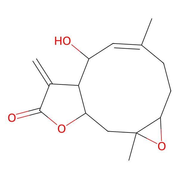 2D Structure of (1S,3S,5R,8E,10S,11R)-10-hydroxy-3,8-dimethyl-12-methylidene-4,14-dioxatricyclo[9.3.0.03,5]tetradec-8-en-13-one