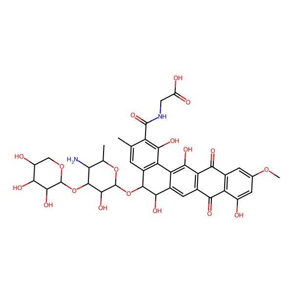 2D Structure of 2-[[5-[5-Amino-3-hydroxy-6-methyl-4-(3,4,5-trihydroxyoxan-2-yl)oxyoxan-2-yl]oxy-1,6,9,14-tetrahydroxy-11-methoxy-3-methyl-8,13-dioxo-5,6-dihydrobenzo[a]tetracene-2-carbonyl]amino]acetic acid