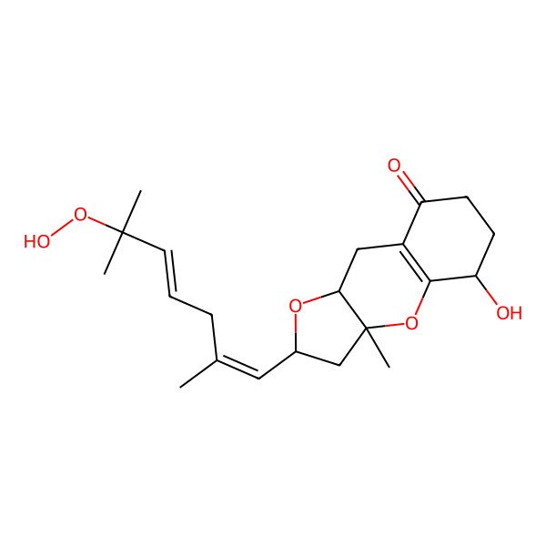 2D Structure of 2-(6-hydroperoxy-2,6-dimethylhepta-1,4-dienyl)-5-hydroxy-3a-methyl-3,5,6,7,9,9a-hexahydro-2H-furo[3,2-b]chromen-8-one