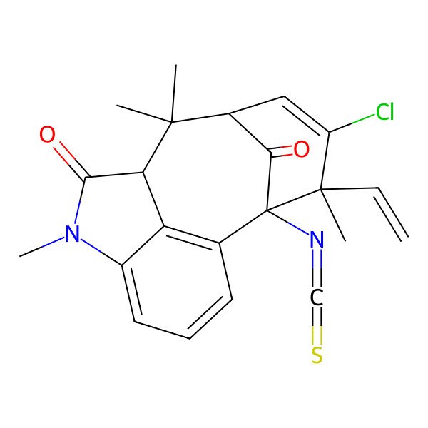 2D Structure of (2aR,4R,7S,8S)-6-Chloro-7-ethenyl-8-isothiocyanato-1,3,3,7-tetramethyl-1,2a,3,4,7,8-hexahydro-2H-4,8-methanocyclonona[cd]indole-2,12-dione