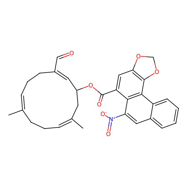 2D Structure of [(1R,6E,10E)-3-formyl-7,11-dimethylcyclododeca-2,6,10-trien-1-yl] 6-nitronaphtho[2,1-g][1,3]benzodioxole-5-carboxylate