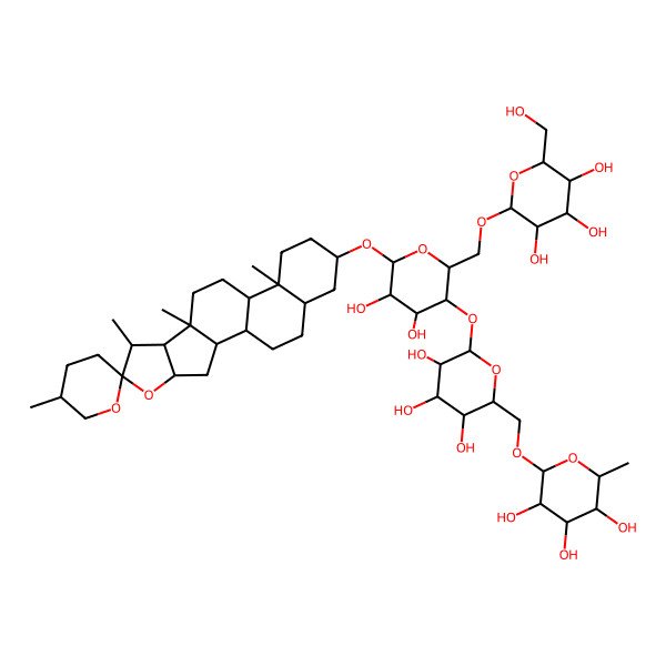 2D Structure of 2-[[6-[4,5-Dihydroxy-6-(5',7,9,13-tetramethylspiro[5-oxapentacyclo[10.8.0.02,9.04,8.013,18]icosane-6,2'-oxane]-16-yl)oxy-2-[[3,4,5-trihydroxy-6-(hydroxymethyl)oxan-2-yl]oxymethyl]oxan-3-yl]oxy-3,4,5-trihydroxyoxan-2-yl]methoxy]-6-methyloxane-3,4,5-triol