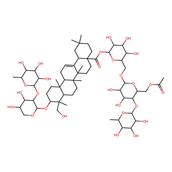 2D Structure of [6-[[6-(Acetyloxymethyl)-3,4-dihydroxy-5-(3,4,5-trihydroxy-6-methyloxan-2-yl)oxyoxan-2-yl]oxymethyl]-3,4,5-trihydroxyoxan-2-yl] 10-[4,5-dihydroxy-3-(3,4,5-trihydroxy-6-methyloxan-2-yl)oxyoxan-2-yl]oxy-9-(hydroxymethyl)-2,2,6a,6b,9,12a-hexamethyl-1,3,4,5,6,6a,7,8,8a,10,11,12,13,14b-tetradecahydropicene-4a-carboxylate