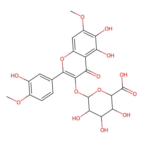 2D Structure of (2S,3S,4S,5R,6S)-6-[5,6-dihydroxy-2-(3-hydroxy-4-methoxyphenyl)-7-methoxy-4-oxochromen-3-yl]oxy-3,4,5-trihydroxyoxane-2-carboxylic acid