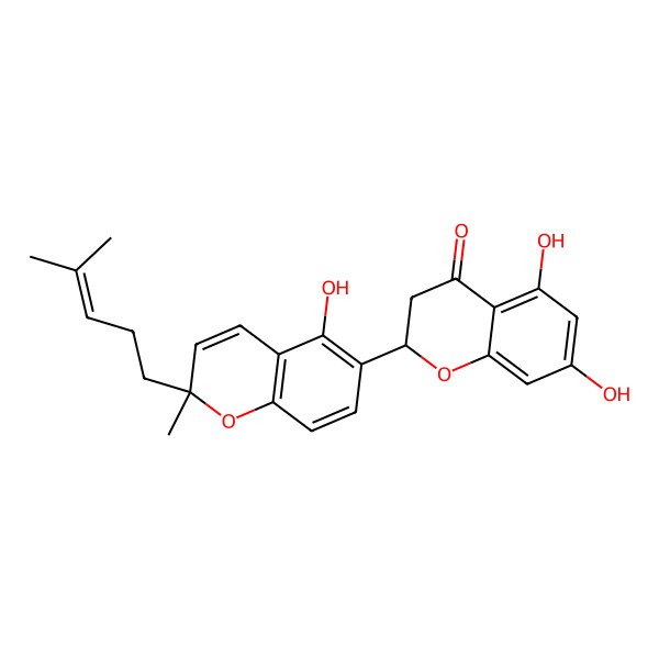 2D Structure of (2S)-5,7-dihydroxy-2-[(2R)-5-hydroxy-2-methyl-2-(4-methylpent-3-enyl)chromen-6-yl]-2,3-dihydrochromen-4-one