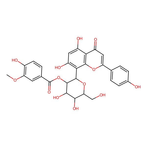 2D Structure of [(2S,3R,4S,5S,6R)-2-[5,7-dihydroxy-2-(4-hydroxyphenyl)-4-oxochromen-8-yl]-4,5-dihydroxy-6-(hydroxymethyl)oxan-3-yl] 4-hydroxy-3-methoxybenzoate