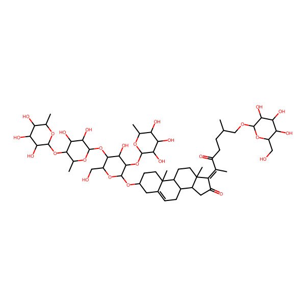 2D Structure of (3S,8R,9S,10R,13S,14S,17Z)-3-[(2R,3R,4S,5S,6R)-5-[(2S,3R,4S,5R,6S)-3,4-dihydroxy-6-methyl-5-[(2S,3R,4R,5R,6S)-3,4,5-trihydroxy-6-methyloxan-2-yl]oxyoxan-2-yl]oxy-4-hydroxy-6-(hydroxymethyl)-3-[(2S,3R,4R,5R,6S)-3,4,5-trihydroxy-6-methyloxan-2-yl]oxyoxan-2-yl]oxy-10,13-dimethyl-17-[(6R)-6-methyl-3-oxo-7-[(2R,3R,4S,5S,6R)-3,4,5-trihydroxy-6-(hydroxymethyl)oxan-2-yl]oxyheptan-2-ylidene]-2,3,4,7,8,9,11,12,14,15-decahydro-1H-cyclopenta[a]phenanthren-16-one