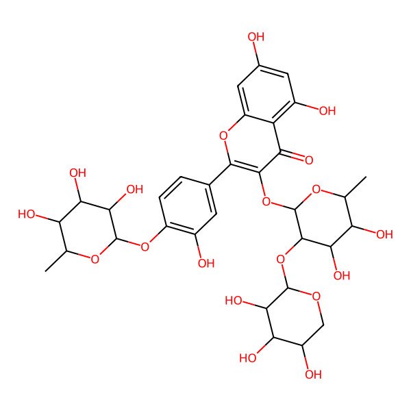 2D Structure of 3-[(2R,3R,4R,5R,6S)-4,5-dihydroxy-6-methyl-3-[(2S,3R,4S,5R)-3,4,5-trihydroxyoxan-2-yl]oxyoxan-2-yl]oxy-5,7-dihydroxy-2-[3-hydroxy-4-[(2R,3R,4R,5R,6S)-3,4,5-trihydroxy-6-methyloxan-2-yl]oxyphenyl]chromen-4-one