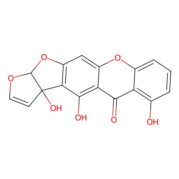 2D Structure of 5H-Furo(3',2':4,5)furo(3,2-b)xanthen-5-one, 3a,12a-dihydro-3a,4,6-trihydroxy-, (3aR-cis)-