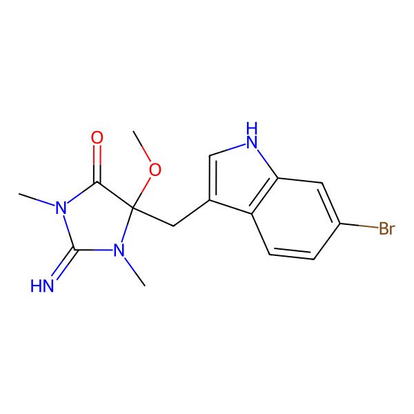 2D Structure of (5R)-5-[(6-bromo-1H-indol-3-yl)methyl]-2-imino-5-methoxy-1,3-dimethylimidazolidin-4-one