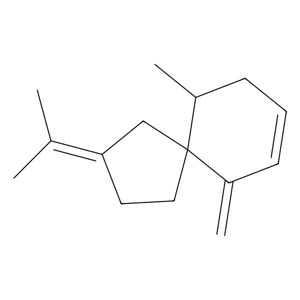 2D Structure of (5R,10R)-10-Methyl-6-methylene-2-(propan-2-ylidene)spiro[4.5]dec-7-ene