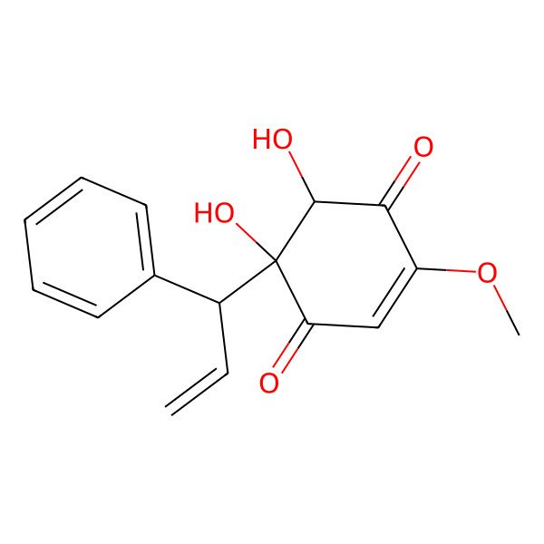 2D Structure of (5R,6S)-5,6-dihydroxy-2-methoxy-5-[(1R)-1-phenylprop-2-enyl]cyclohex-2-ene-1,4-dione