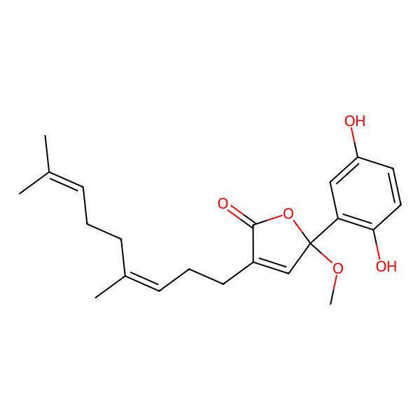 2D Structure of (5S)-5-(2,5-dihydroxyphenyl)-3-[(3E)-4,8-dimethylnona-3,7-dienyl]-5-methoxyfuran-2-one
