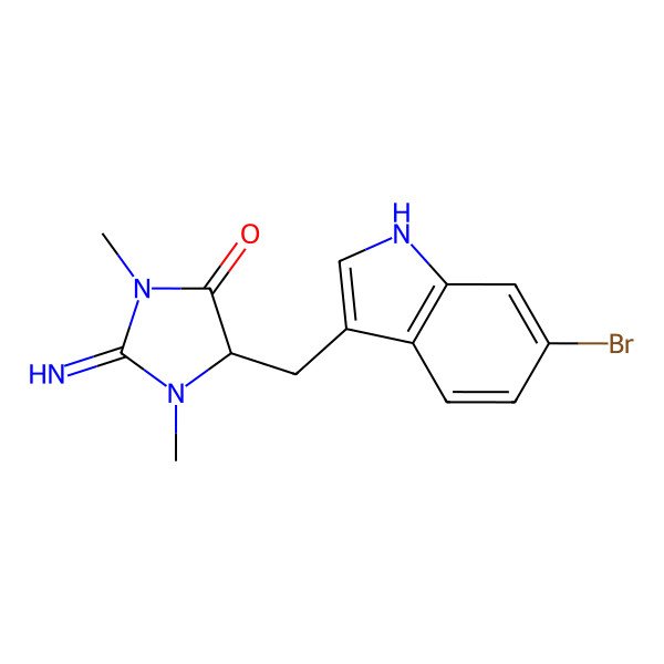 2D Structure of (5S)-5-[(6-bromo-1H-indol-3-yl)methyl]-2-imino-1,3-dimethylimidazolidin-4-one