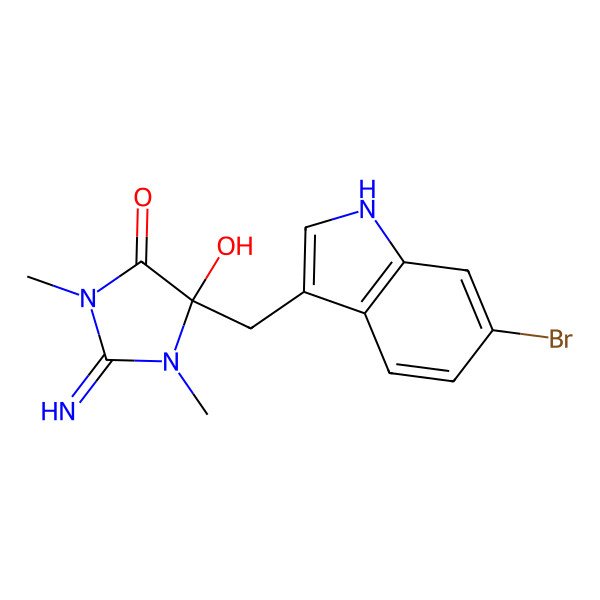 2D Structure of (5S)-5-[(6-bromo-1H-indol-3-yl)methyl]-5-hydroxy-2-imino-1,3-dimethylimidazolidin-4-one